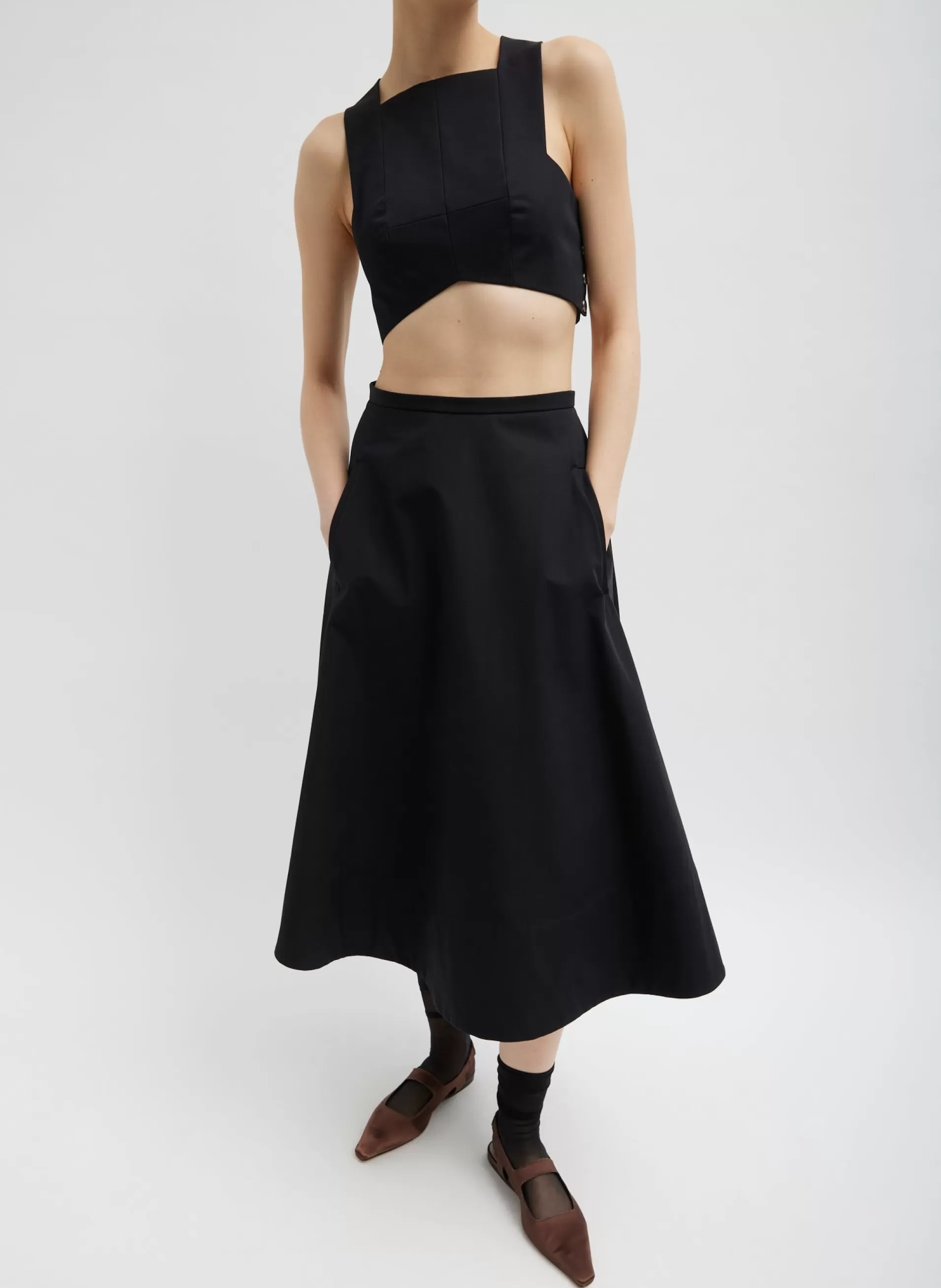 Shop Tibi Bonded Luxe Twill Square Neck Cropped Top Black