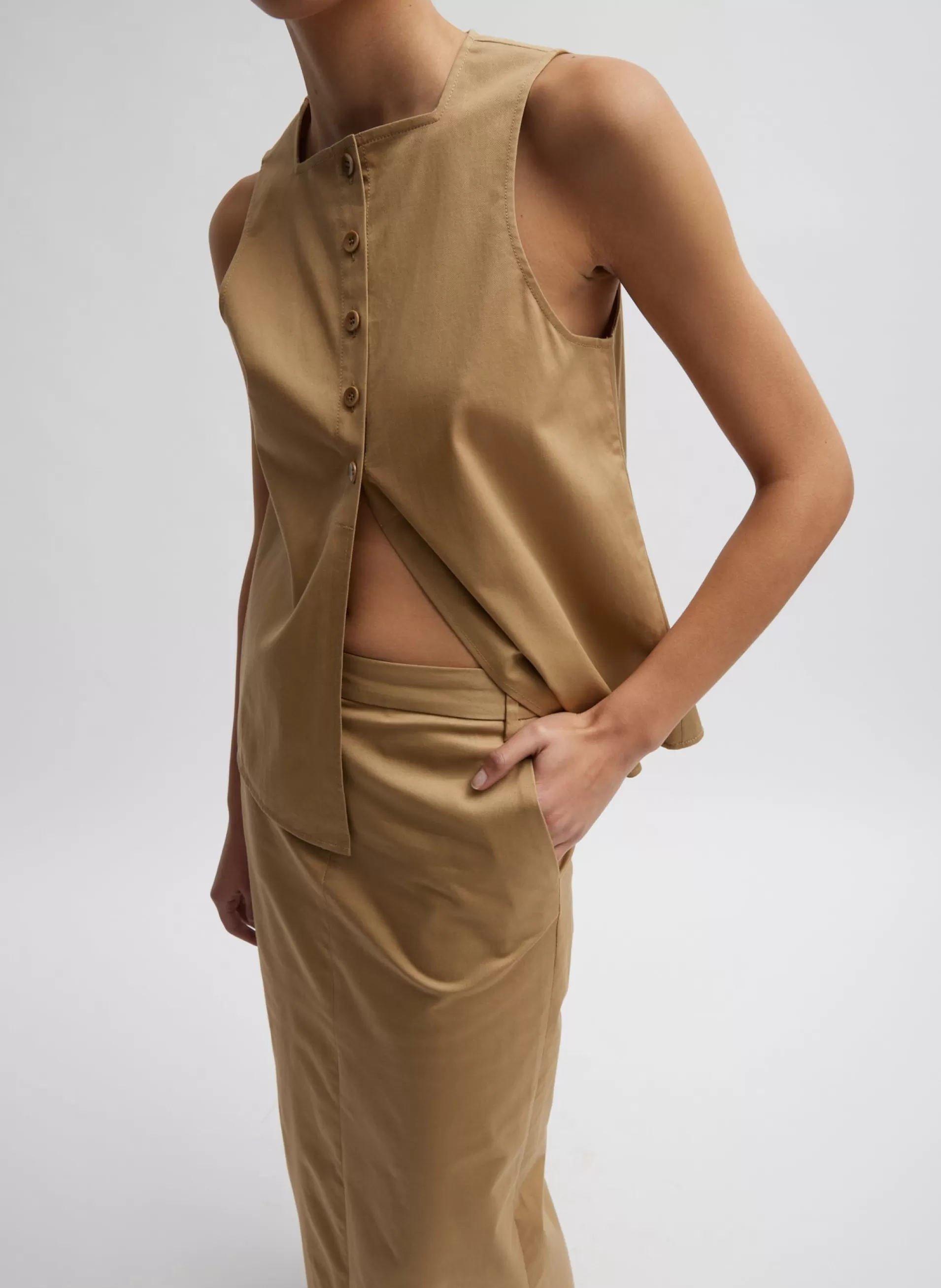 Store Tibi Chino Slit Front Sleeveless Top Tan
