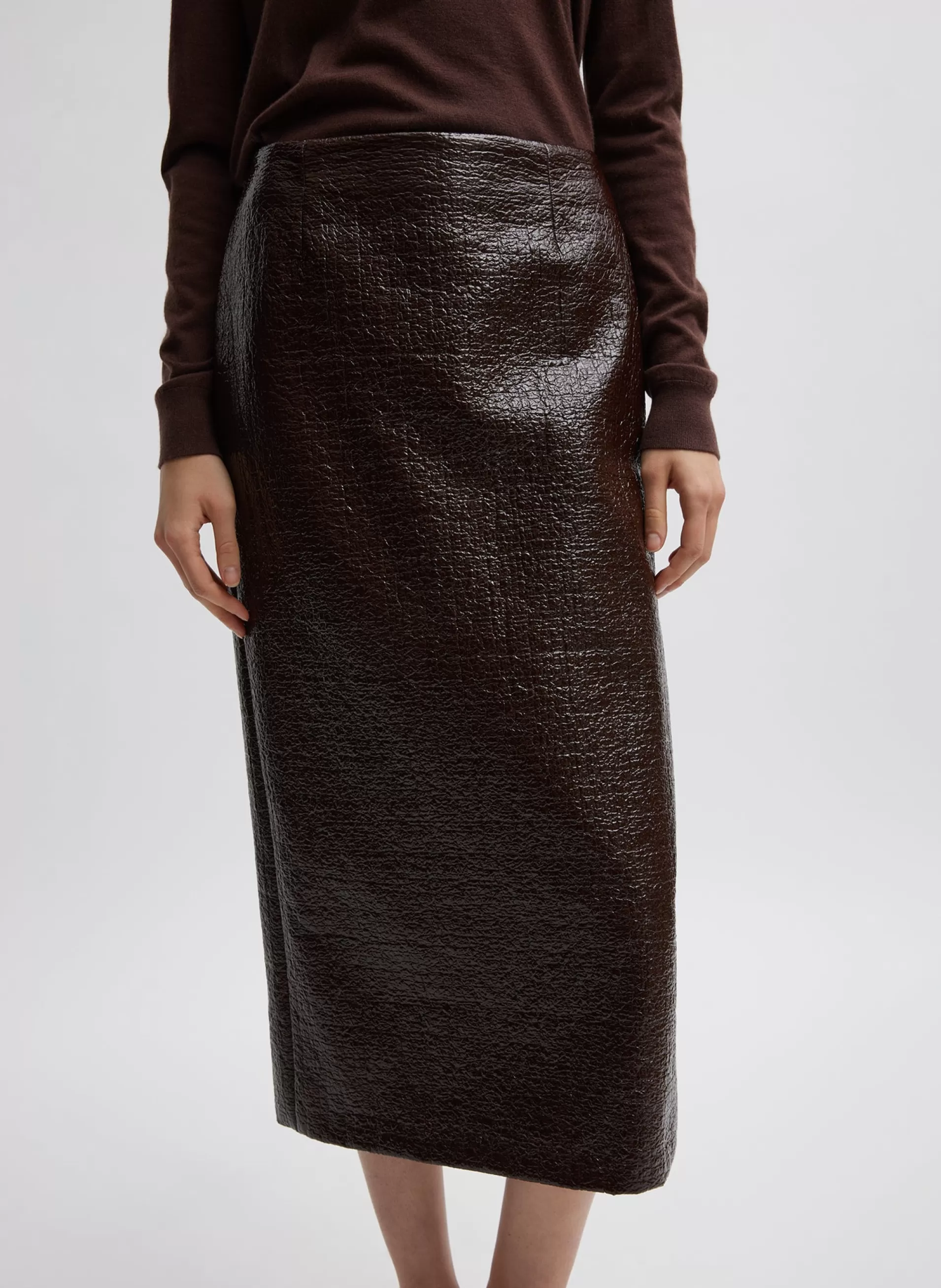 Fashion Tibi Coated Basketweave Pencil Skirt Brown