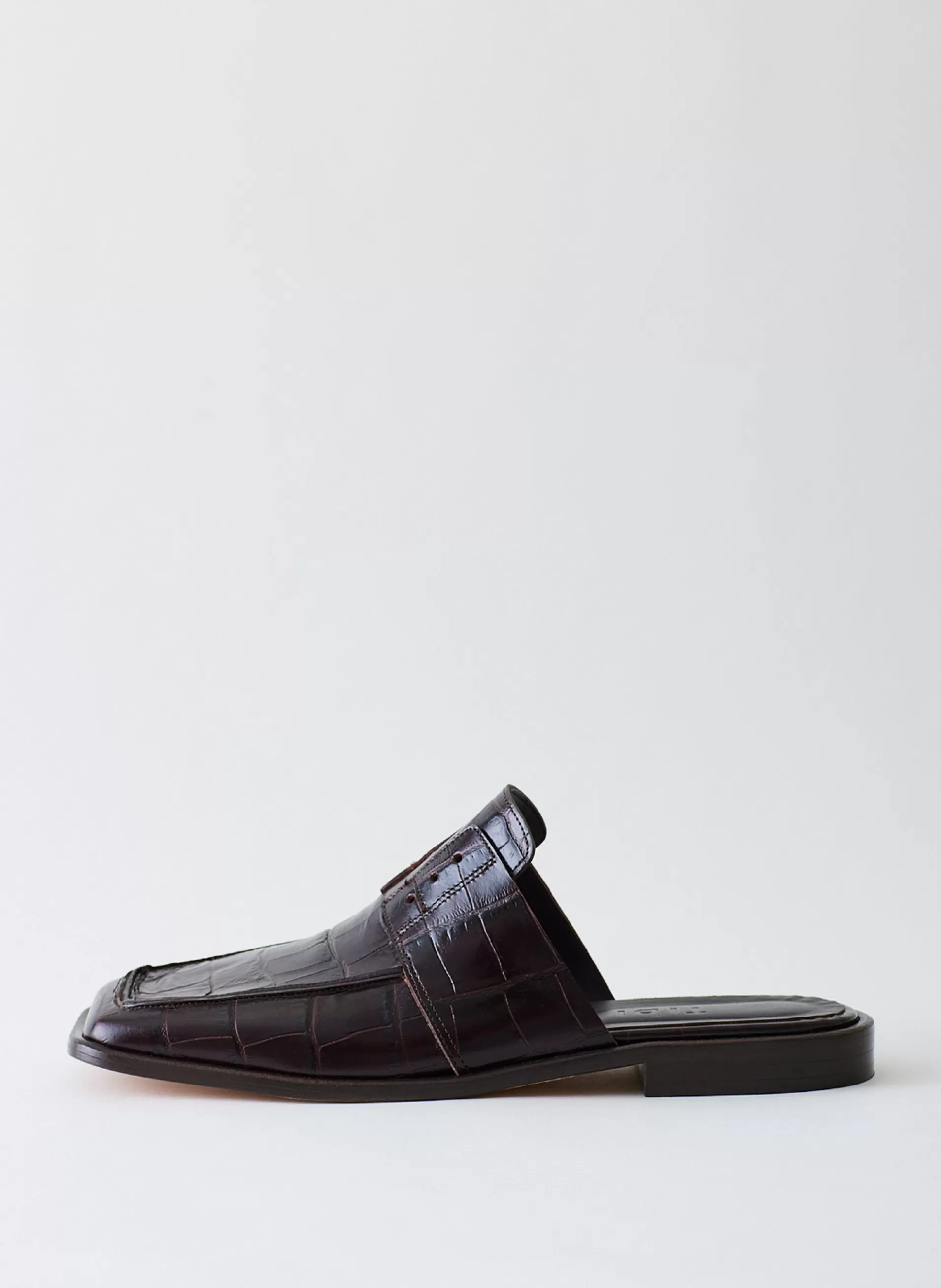 New Tibi Croc Print Pedro Slide Square Toe Loafer Dark Brown