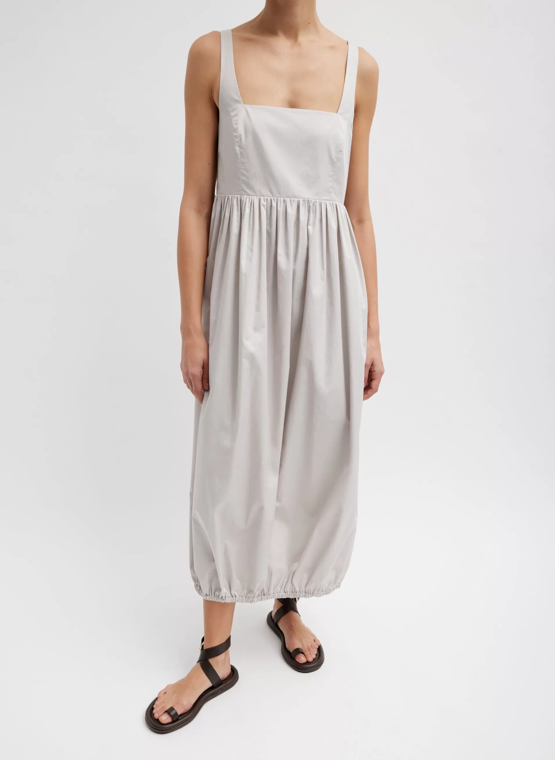 New Tibi Eco Poplin Square Neck Sculpted Dress Stone