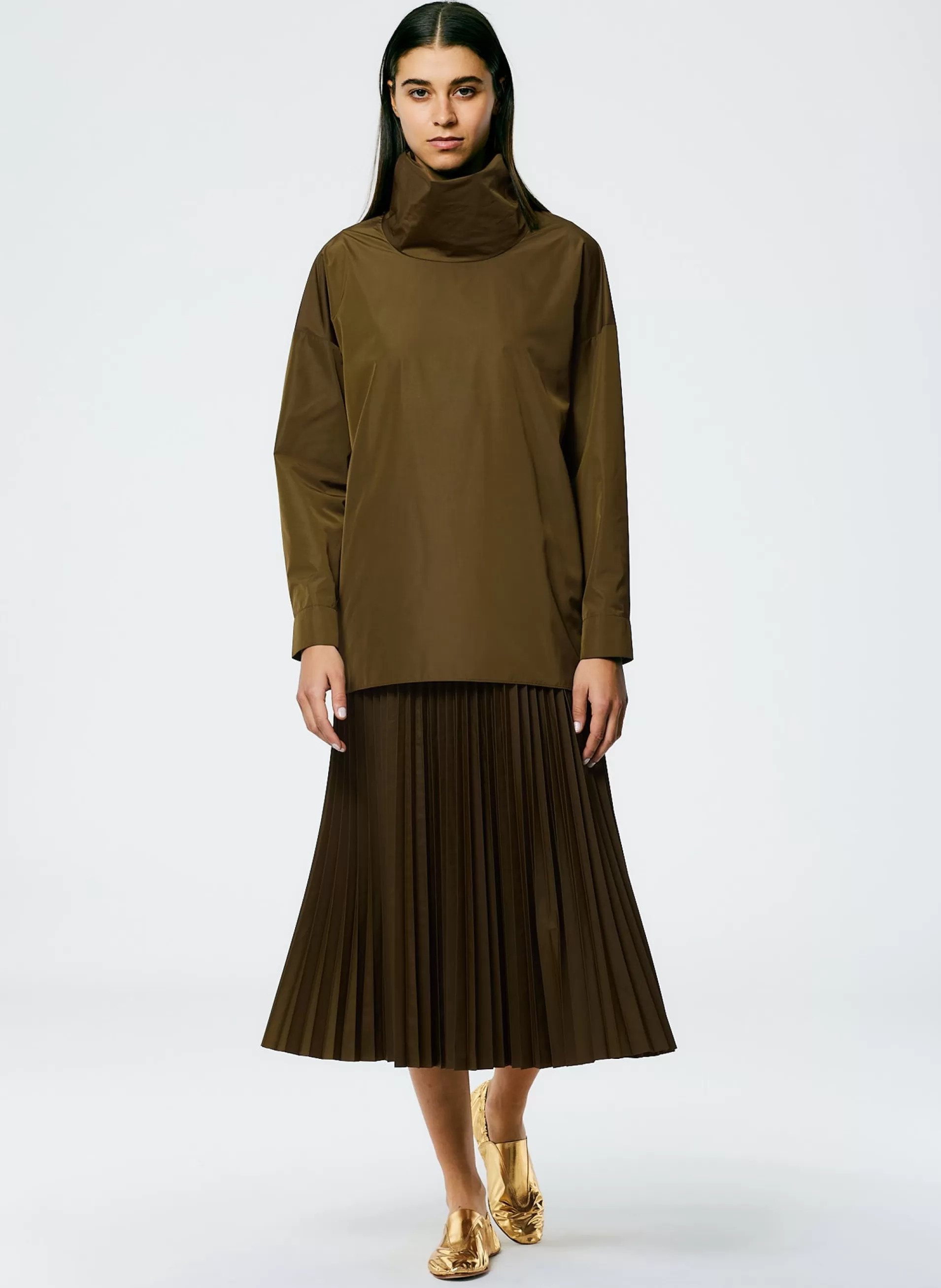 Hot Tibi Italian Sporty Nylon Sunray Pleated Pull On Skirt Wood