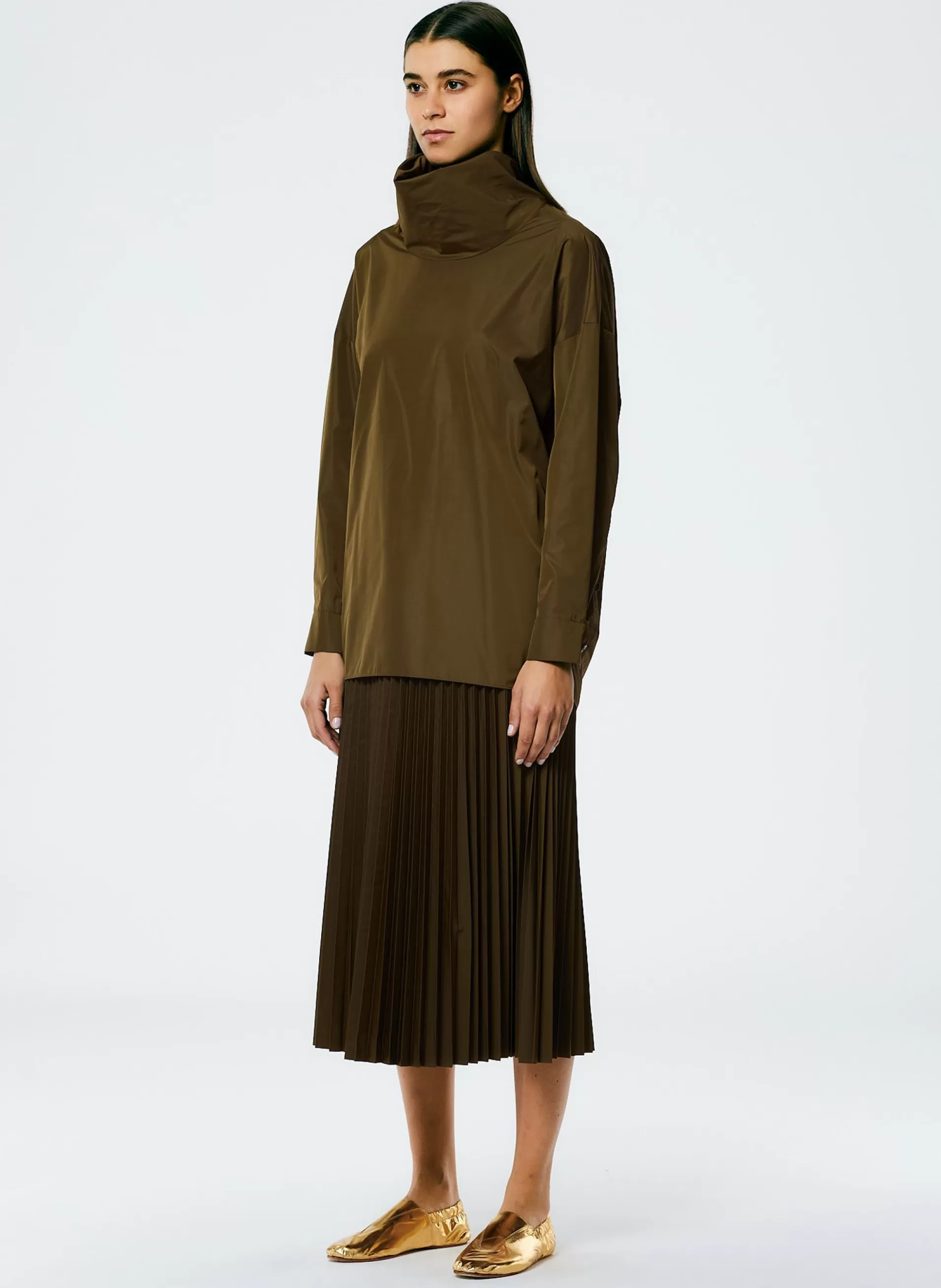 Hot Tibi Italian Sporty Nylon Sunray Pleated Pull On Skirt Wood