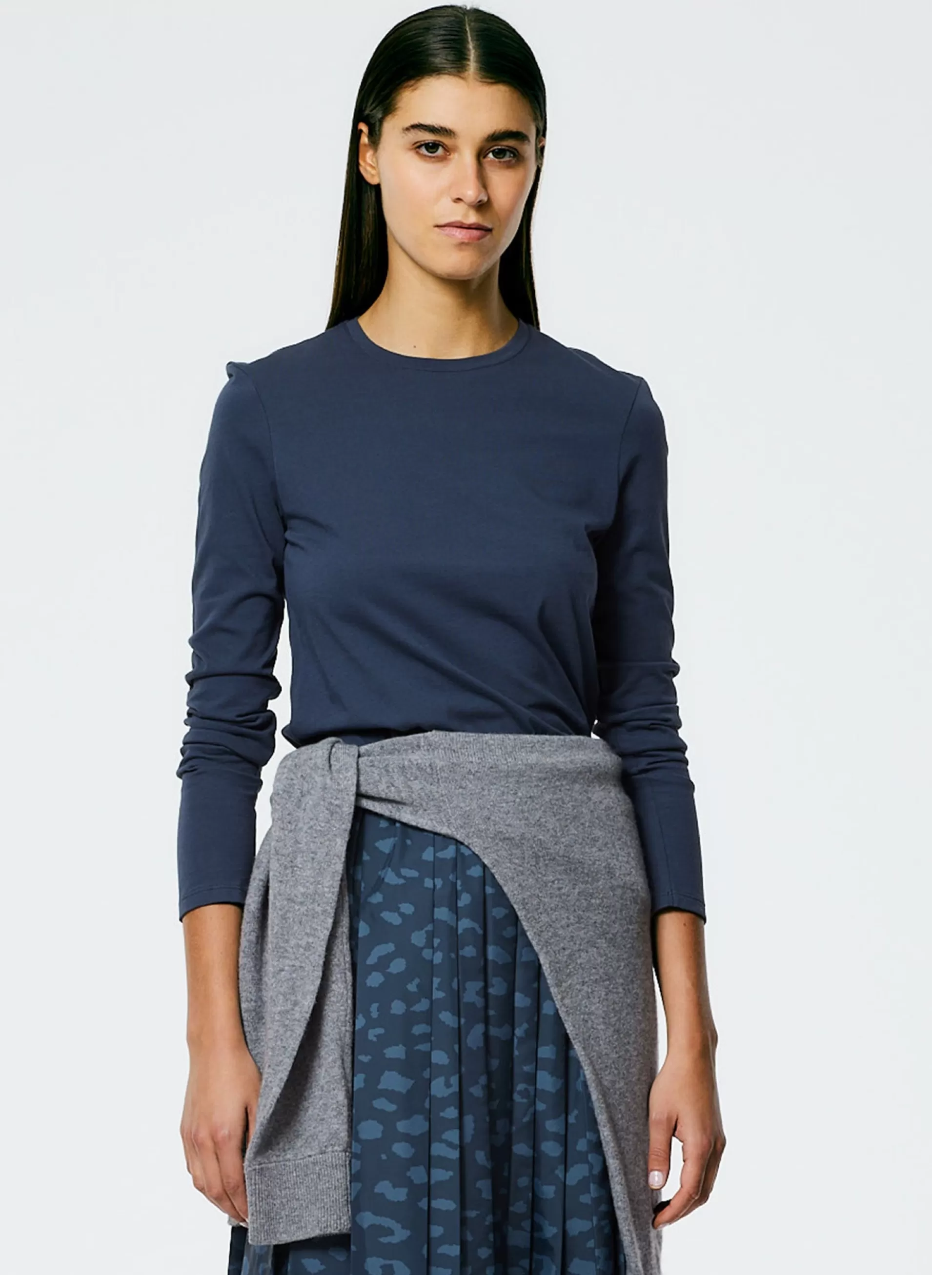 Flash Sale Tibi Long Sleeve Fitted T-Shirt Navy Fog