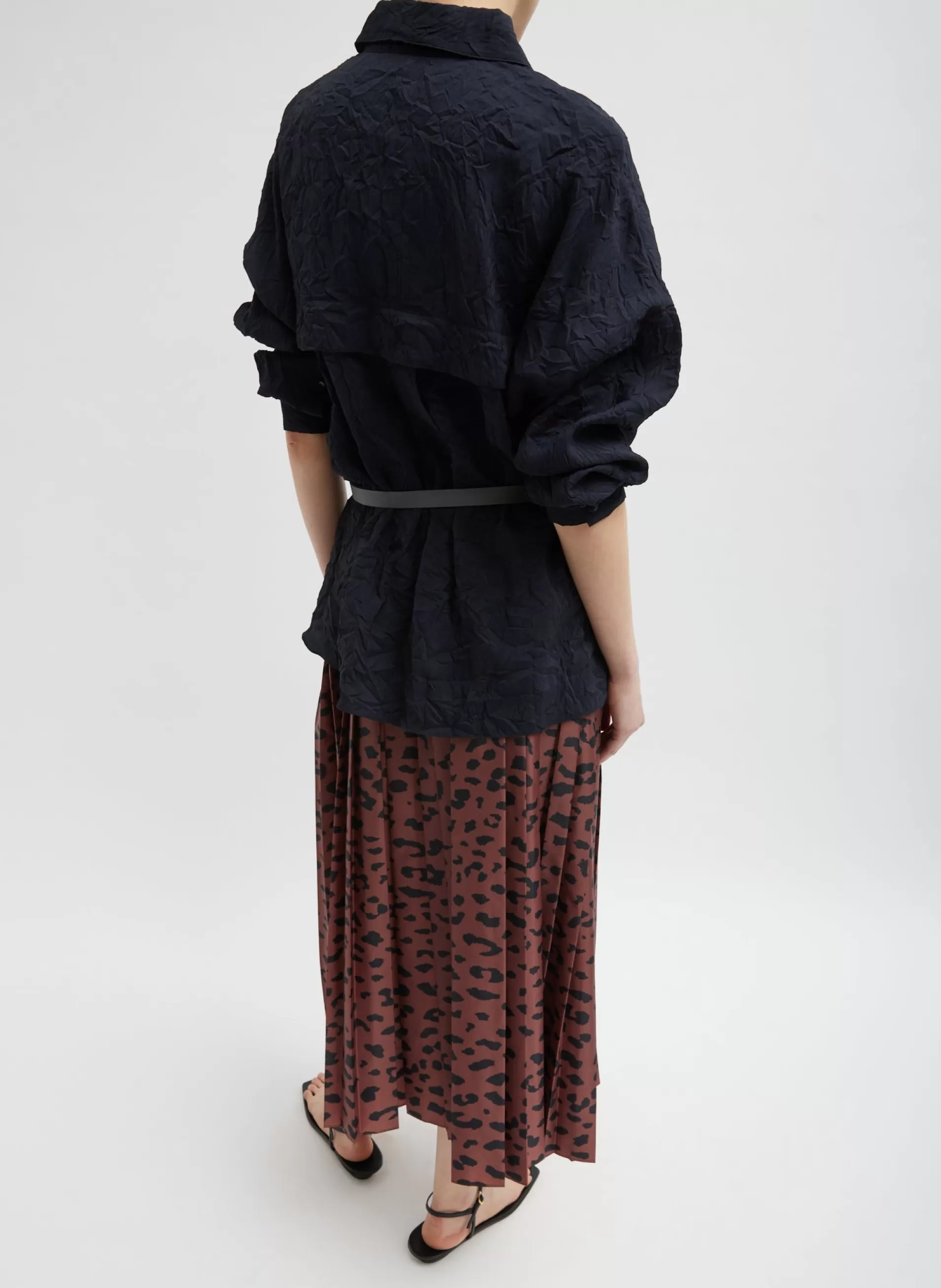 Clearance Tibi Recycled Sporty Nylon Cheetah Pleated Pull On Skirt Brown Multi