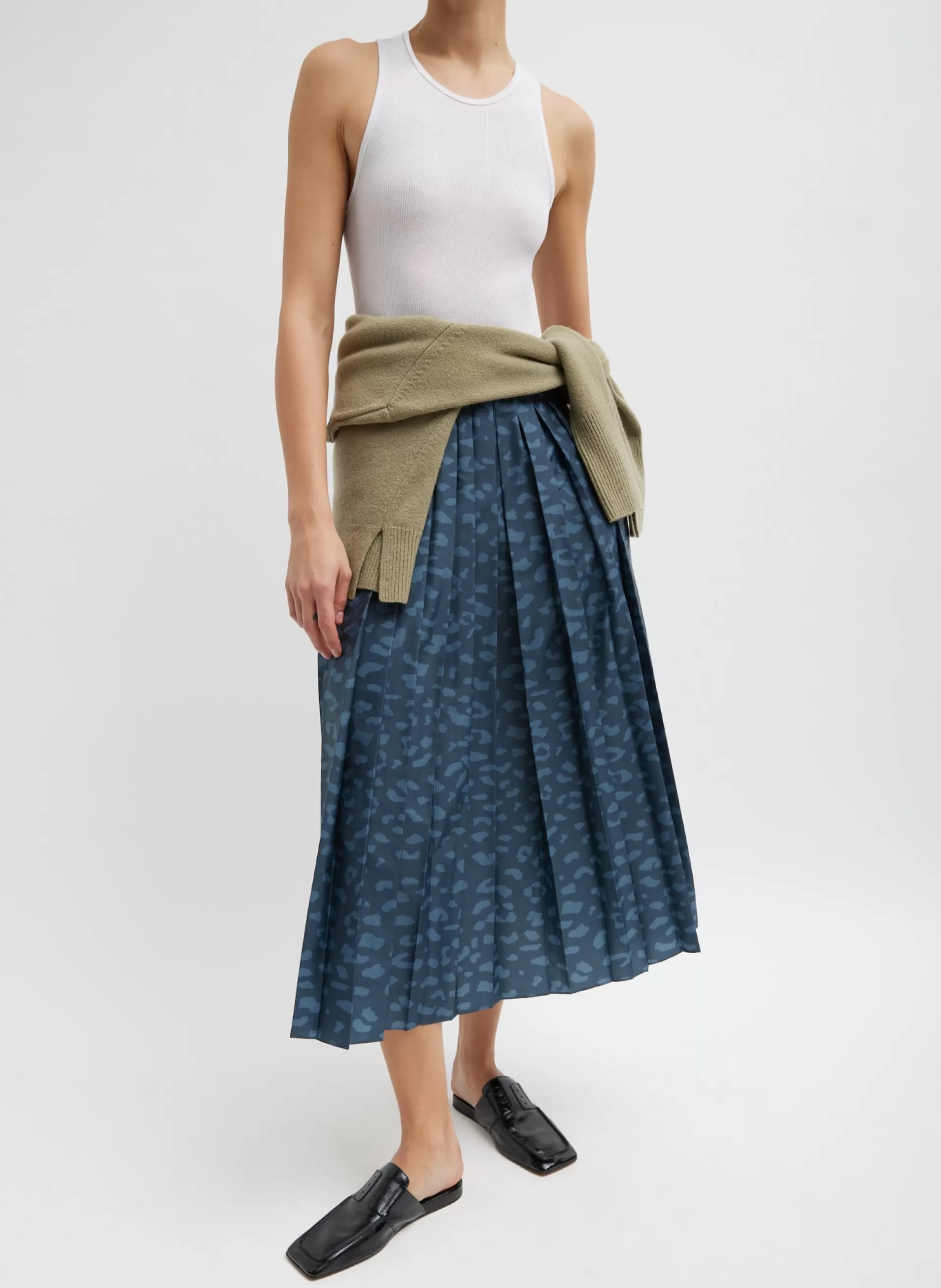 Best Sale Tibi Recycled Sporty Nylon Cheetah Pleated Pull On Skirt Navy Fog Multi