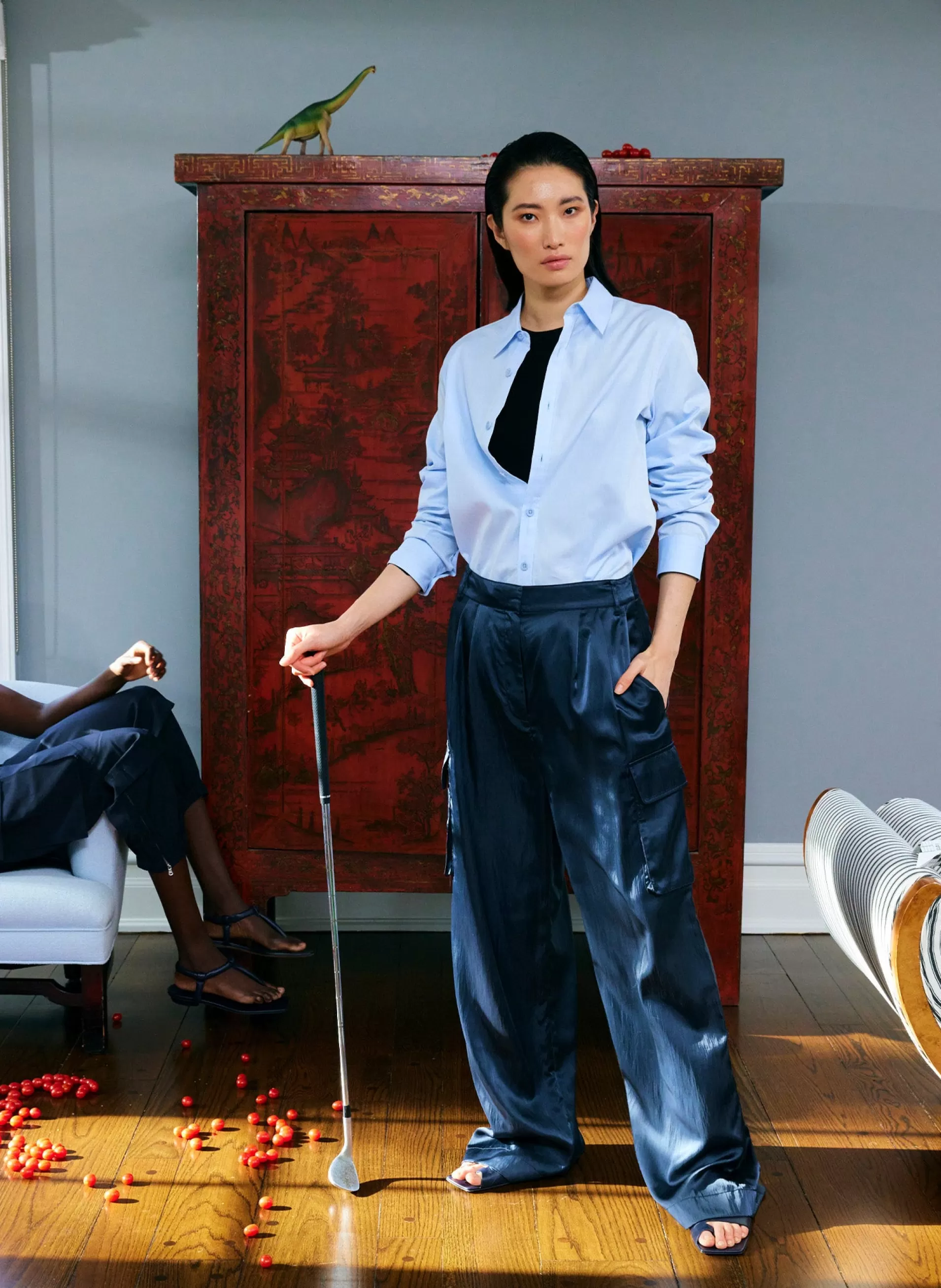 Hot Tibi Shiny Nylon Pleated Stella Cargo Pant Navy