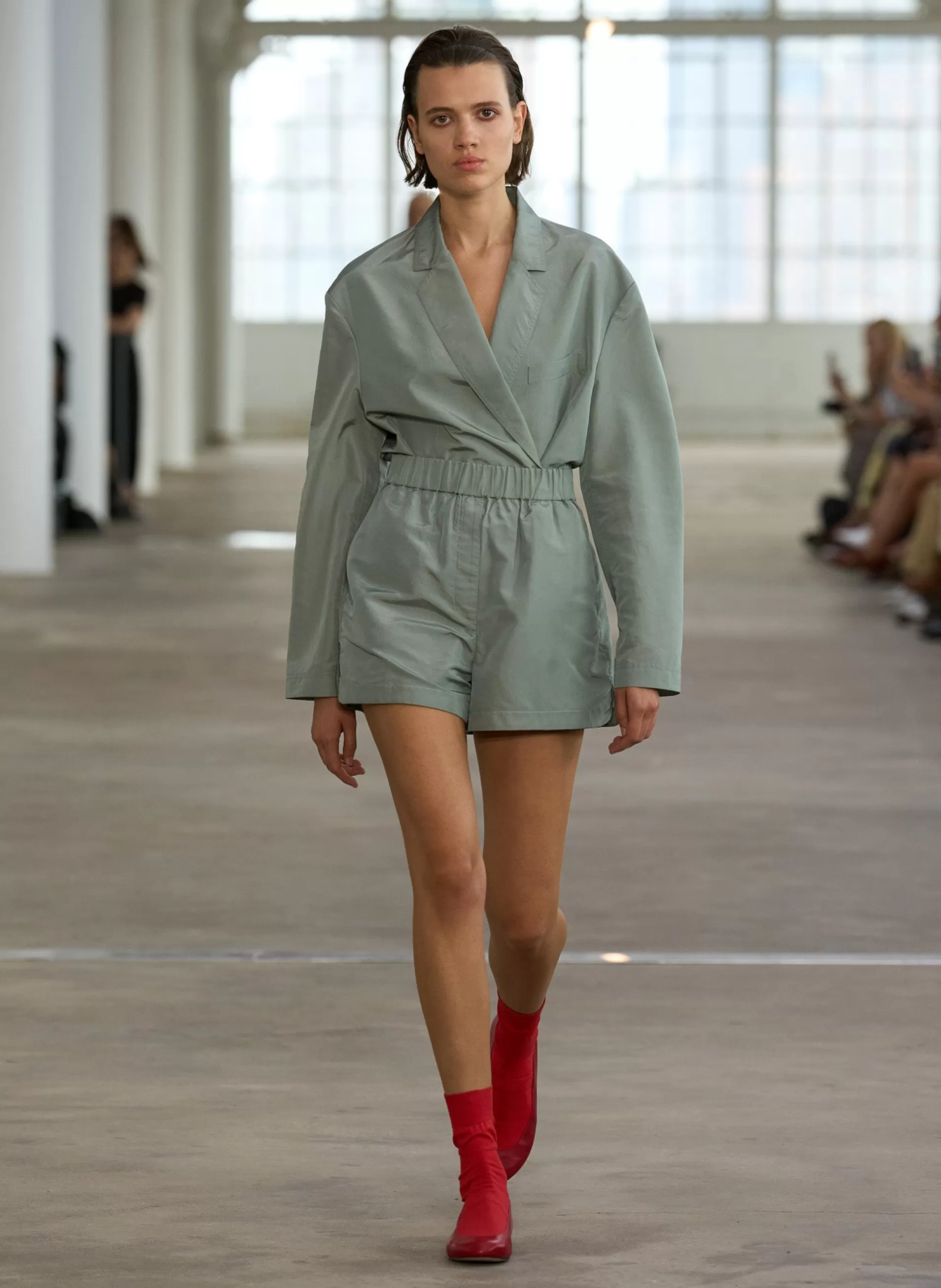 Store Tibi Silk Nylon Pull On Shorts Pumice Grey