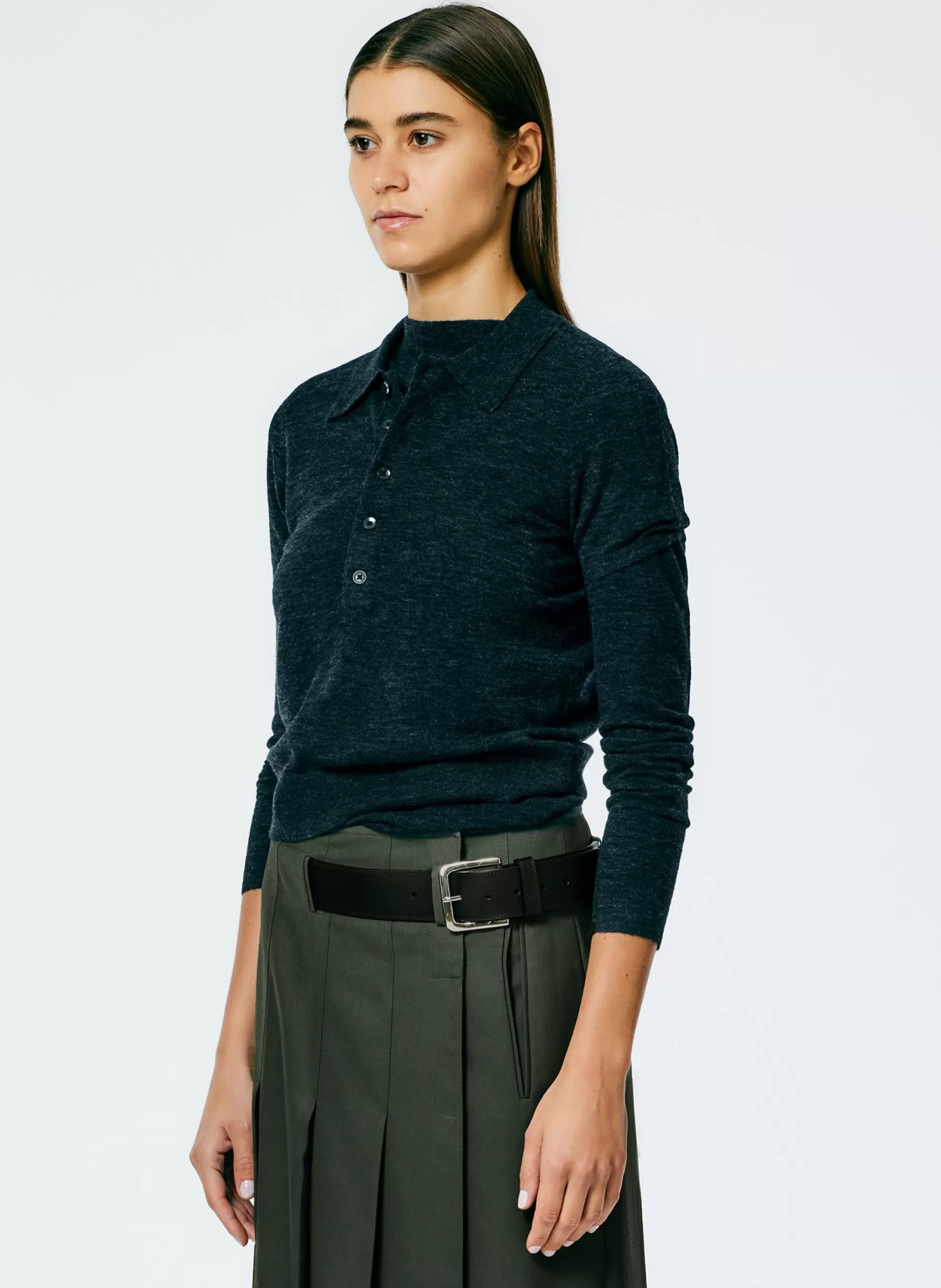 Store Tibi Skinlike Mercerized Wool Shrunken Polo Charcoal
