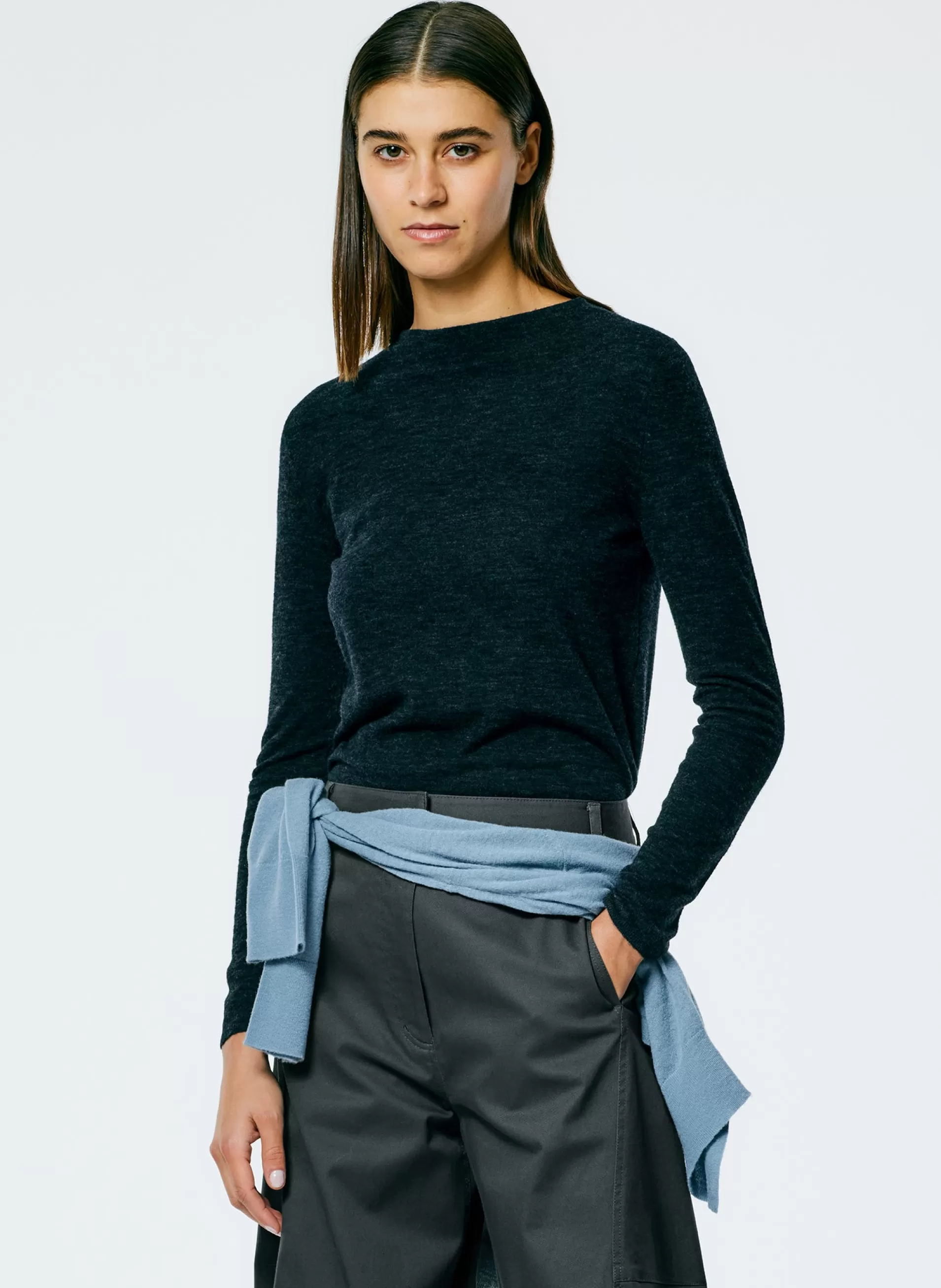 New Tibi Skinlike Mercerized Wool Soft Sheer Pullover Charcoal