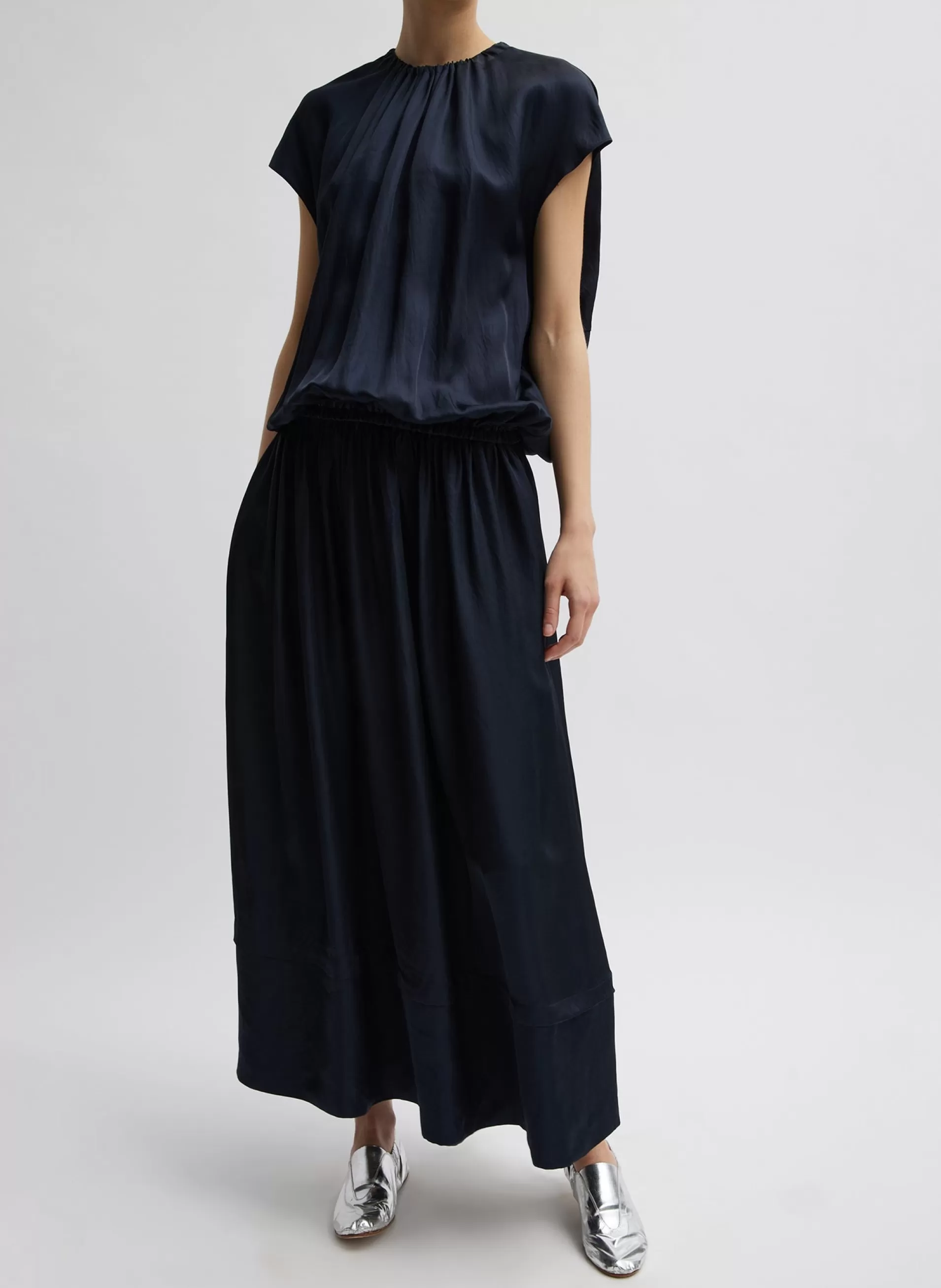 Clearance Tibi Spring Acetate Shirred Circular Dress Dark Navy