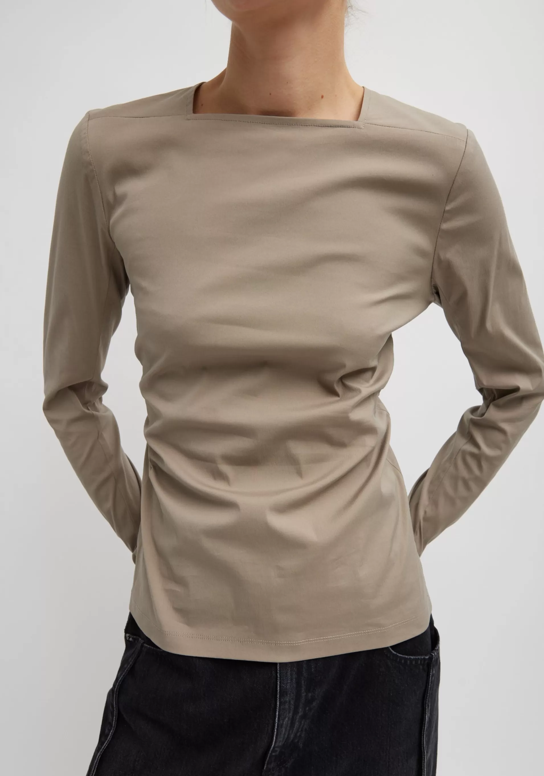 Outlet Tibi Stretch Cotton Nylon Square Neck Slim Circular Sleeve Top Mink Grey