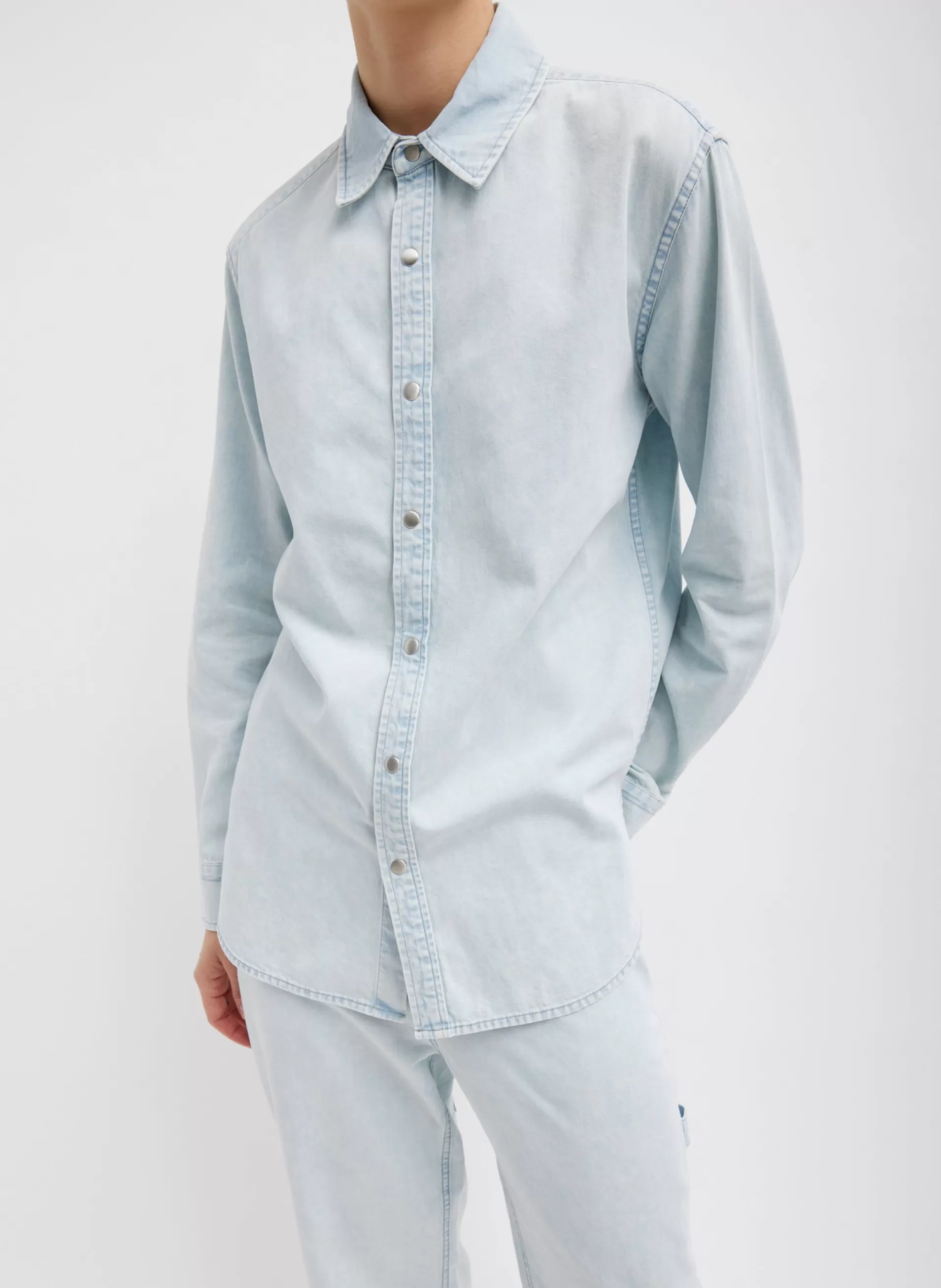 Cheap Tibi Summer Denim Charlie Slim Men's Shirt Bleached Denim